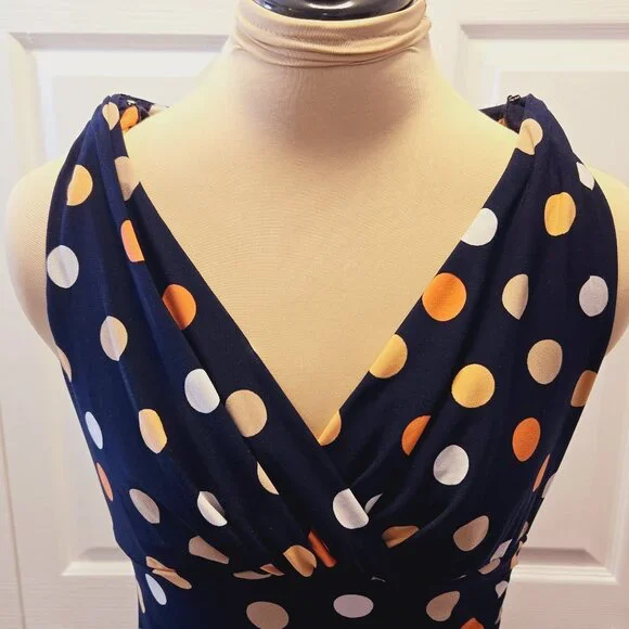 Navy Polka Dot American Living V-Neck Dress with Ruched Side Size 4 - Picture 7 of 8
